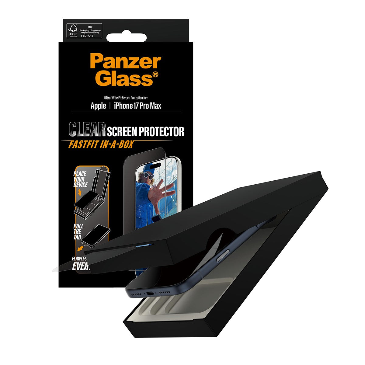 PanzerGlass® Skærmbeskyttelse iPhone 17 Pro Max | Ultra-Wide Fit m. FASTFIT IN-A-BOX